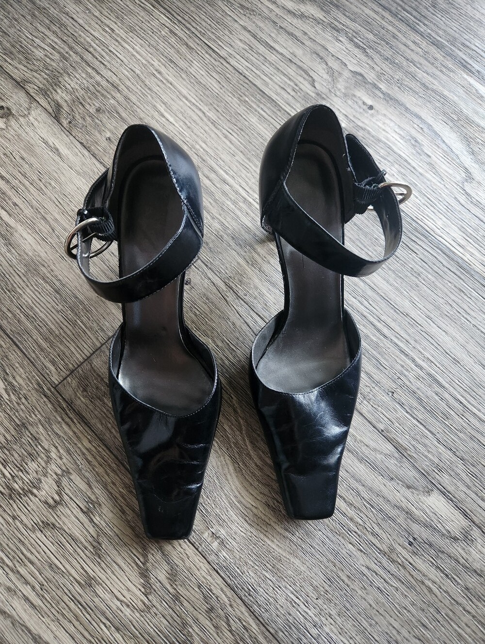 Y2K Black Leather Square Toe Ankle Strap Heels Size 9.5